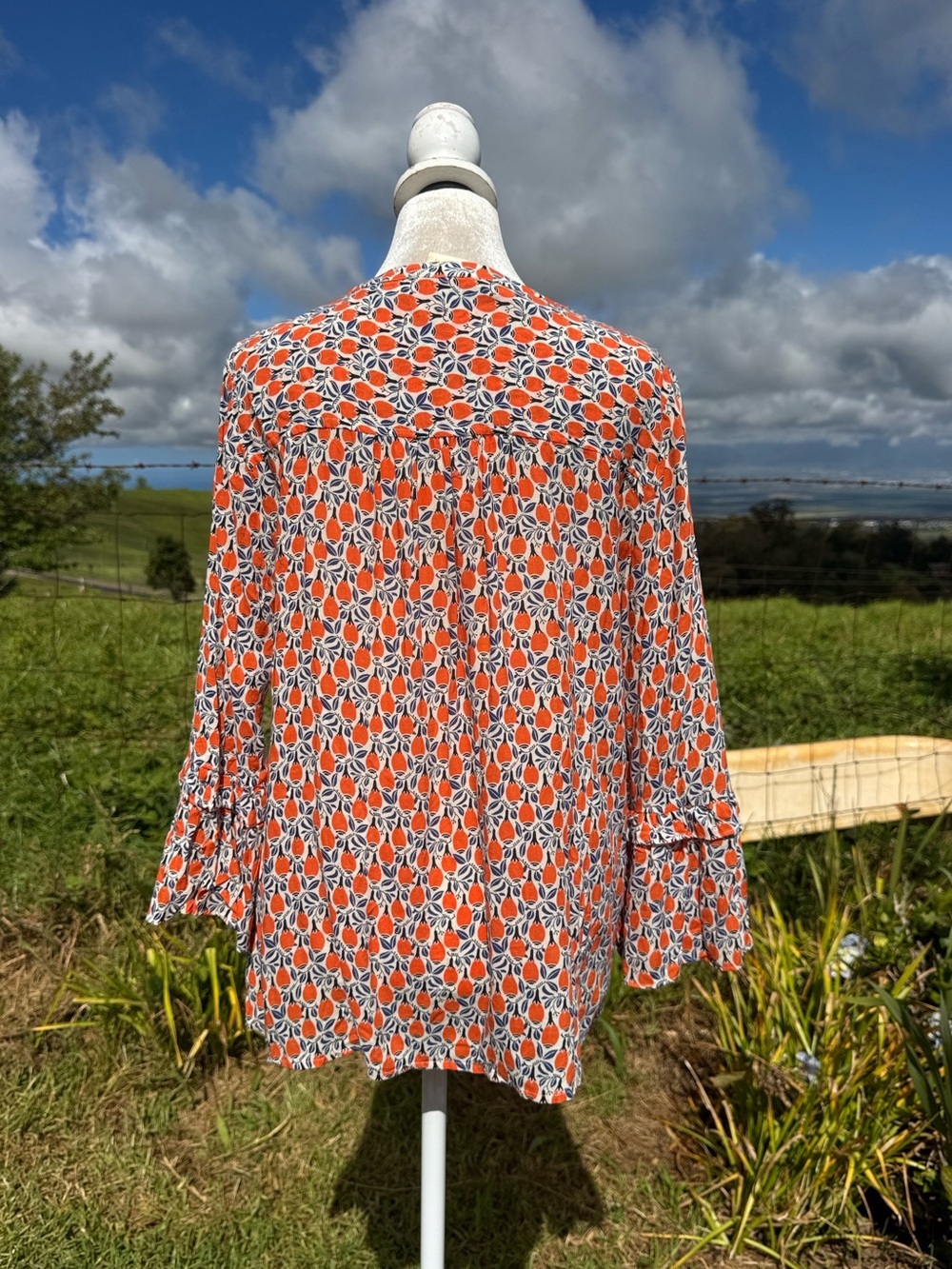 Anthropologie Maeve Berwick Orange Print Ruffle Sleeve Button Down Blouse - S - Picture 6 of 7